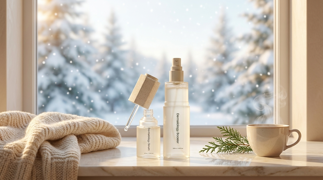 Incellderm Dermatology First Package on a cream marble vanity with snowy Canadian evergreens through the window