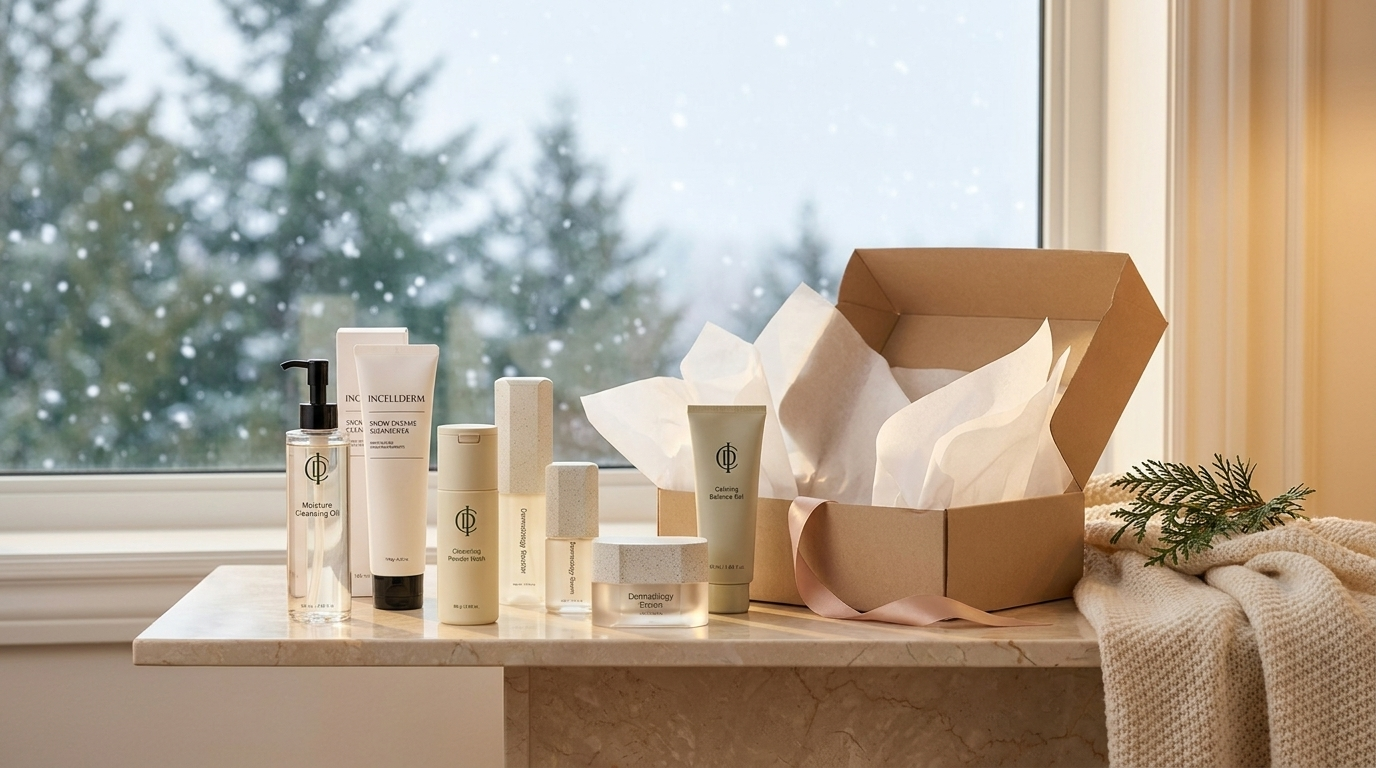 Incellderm skincare set with an elegant gift box on a marble console with snow falling outside the window