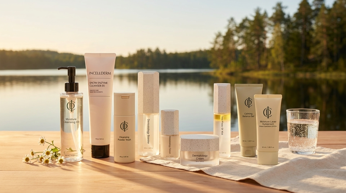 Incellderm skincare set on a cedar table by a Canadian lake at golden hour in summer