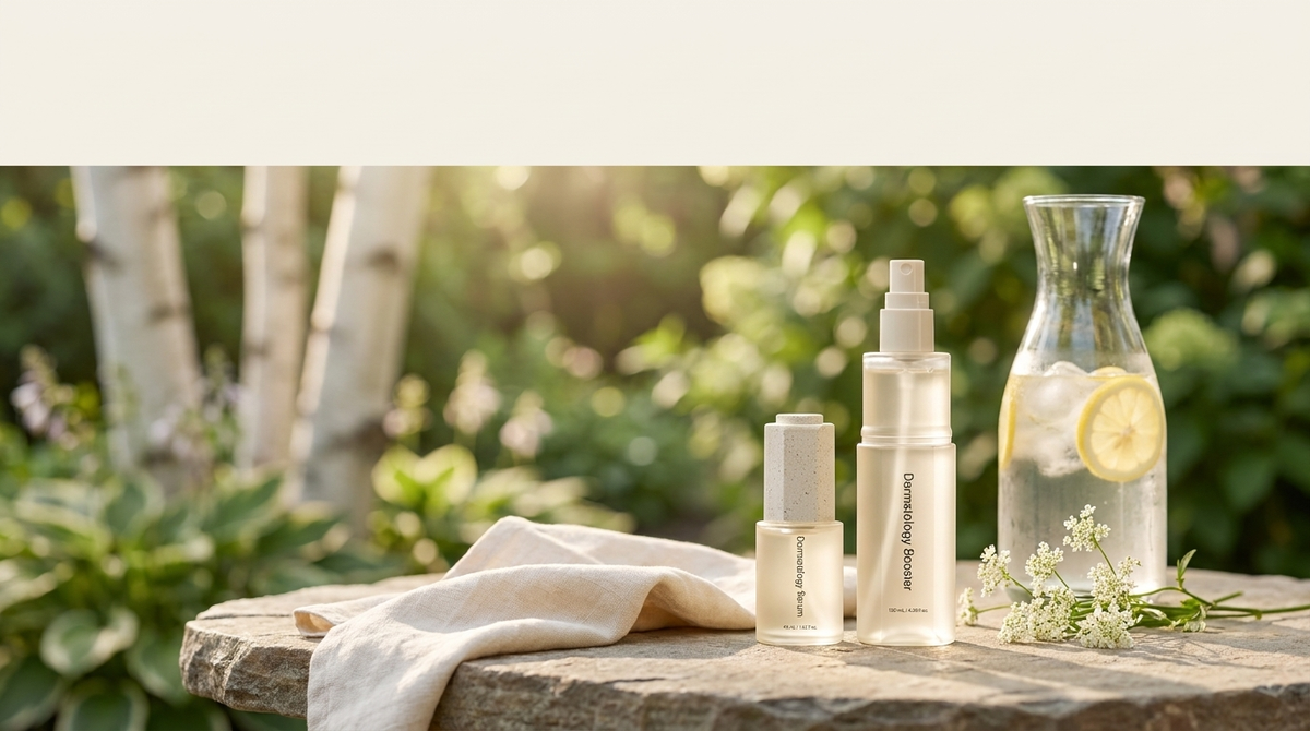 Incellderm Dermatology First Package on a stone patio table in a green Canadian summer garden
