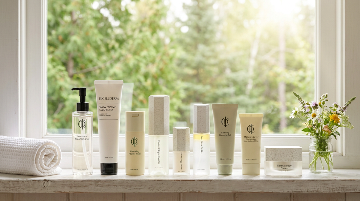 RIMAN Incellderm skincare products lined up in routine order on a white shelf in a Canadian summer cottage bathroom