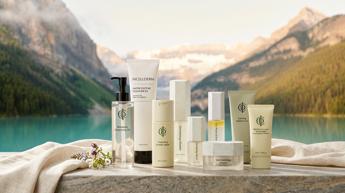 RIMAN skincare set on a stone ledge overlooking a turquoise Canadian mountain lake in summer