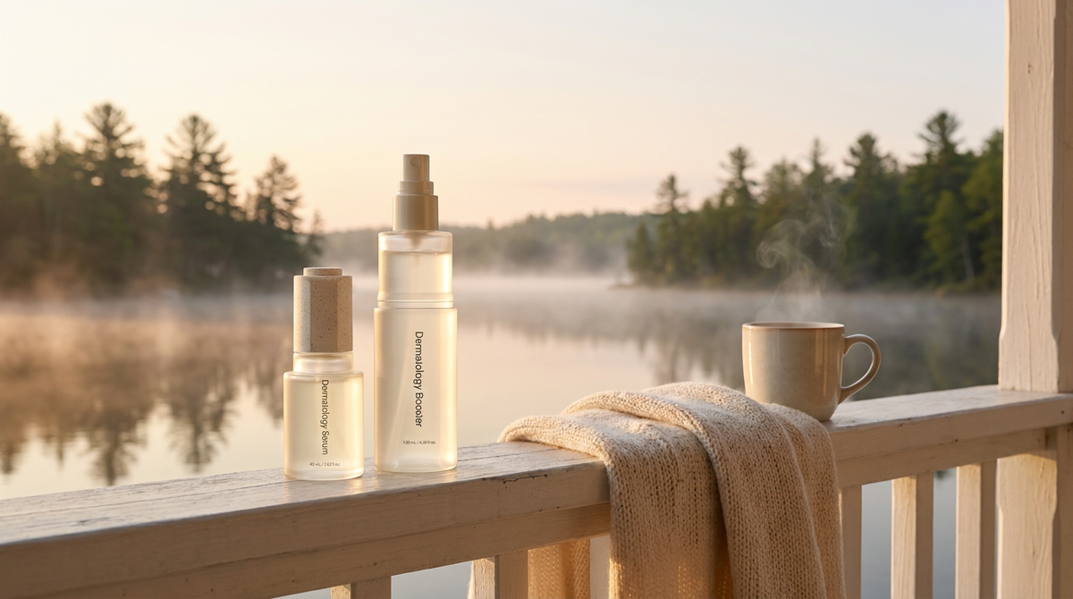 RIMAN Incellderm Dermatology First Package on a cottage porch railing at dawn with mist rising off a Canadian lake