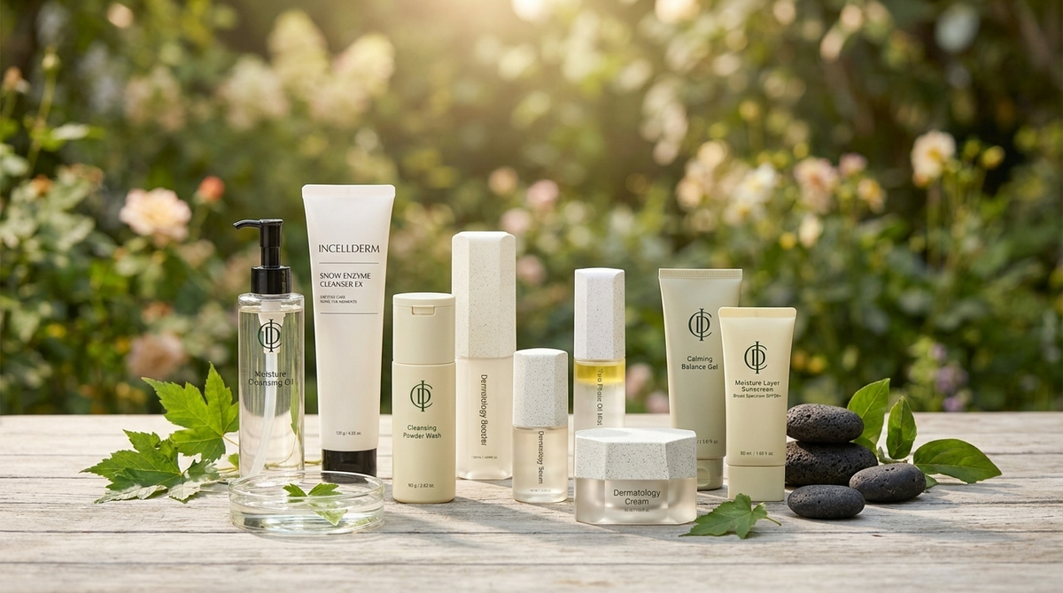 RIMAN Incellderm skincare set on a garden table with botanical leaves, leaf water and volcanic stones in Canadian summer light
