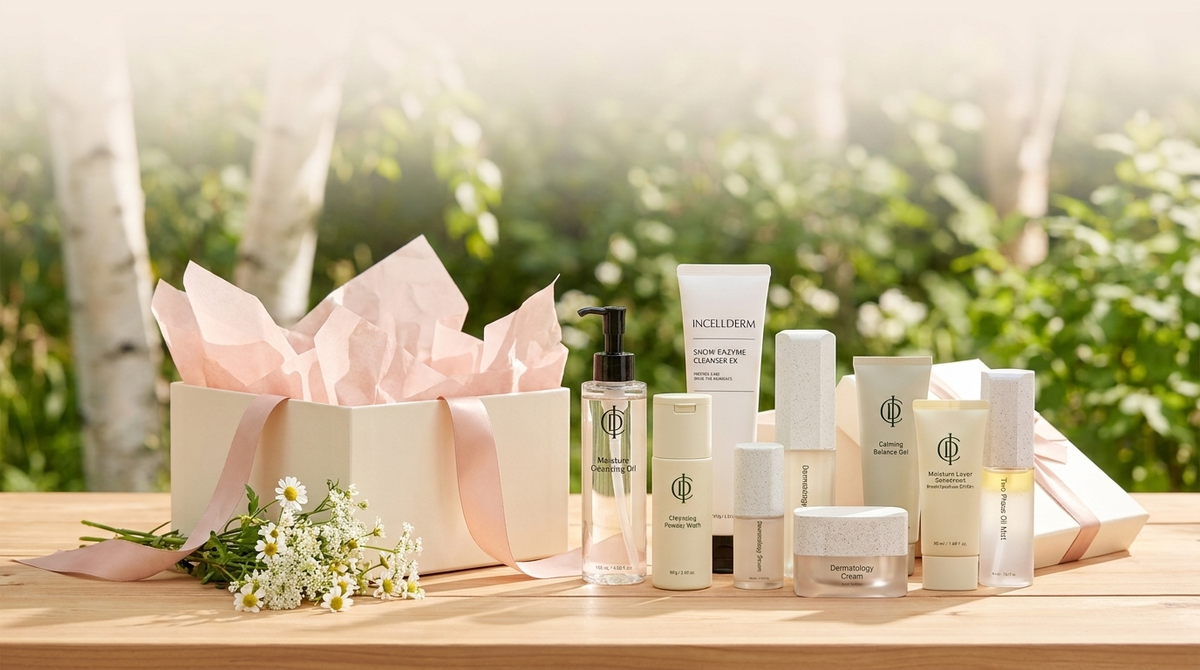 Complete RIMAN Incellderm skincare set with a cream gift box on a cedar table in a sunlit Canadian summer garden