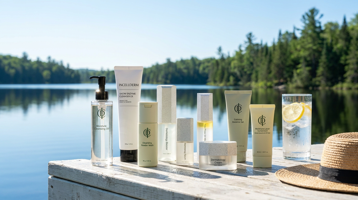 RIMAN Incellderm summer skincare products on a dock ledge by a calm Canadian lake in bright morning light