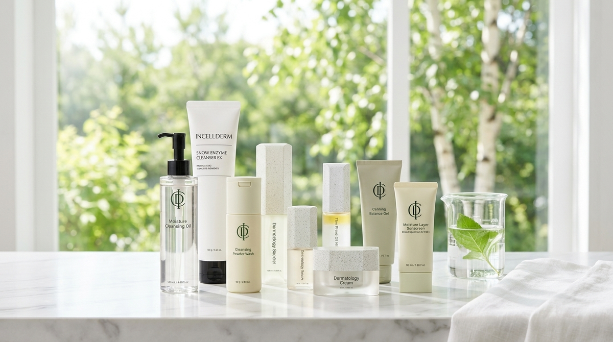 RIMAN Incellderm skincare set arranged with clinical precision on white marble with a sunlit Canadian garden behind