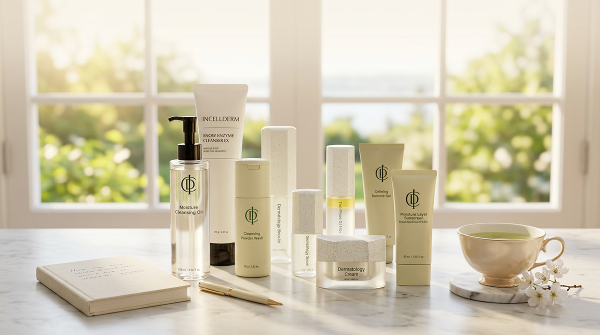 RIMAN Incellderm skincare set on a marble vanity beside a notebook and tea in warm Canadian summer light