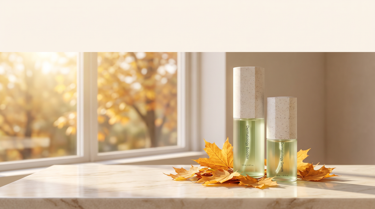 RIMAN Incellderm skincare set on marble with amber maple leaves in warm early-autumn Canadian light