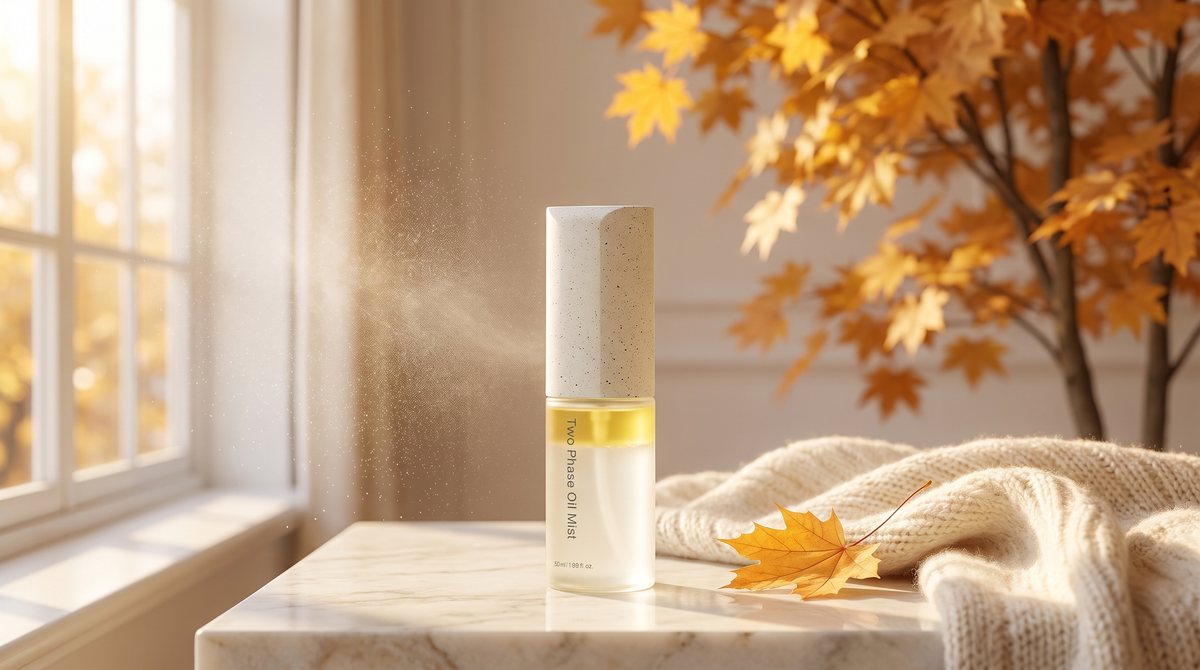 RIMAN Incellderm Vieton Oil Mist with amber maple leaves in warm early-autumn Canadian light