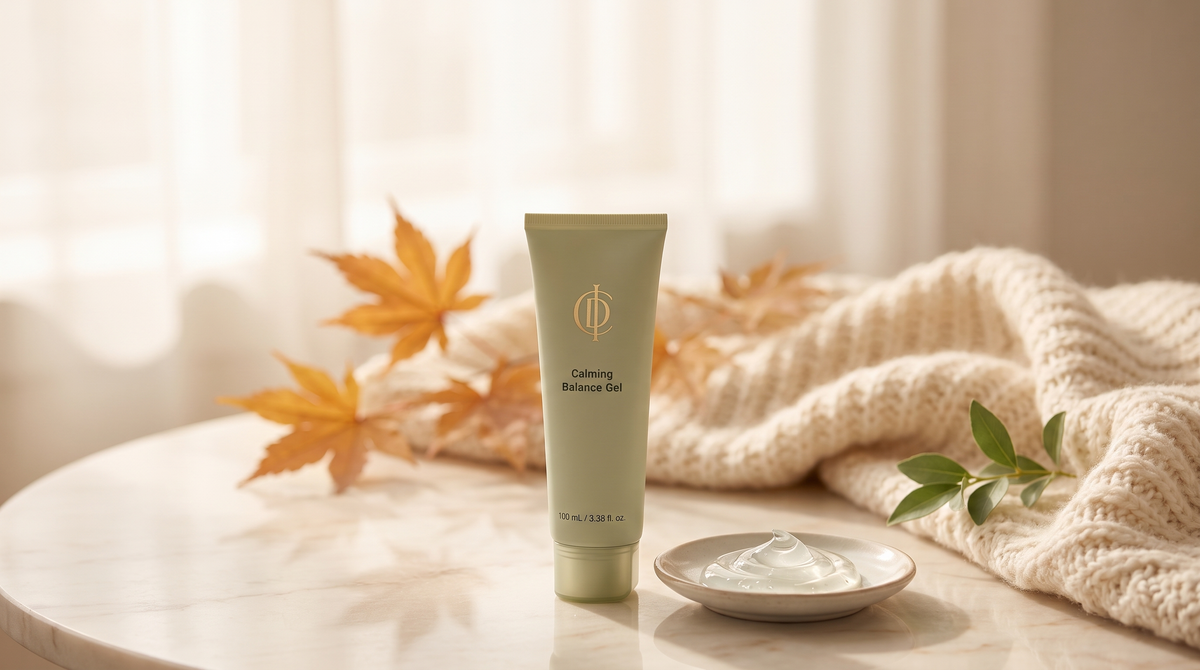 RIMAN Incellderm Calming Balance Gel with amber maple leaves in soft early-autumn Canadian light