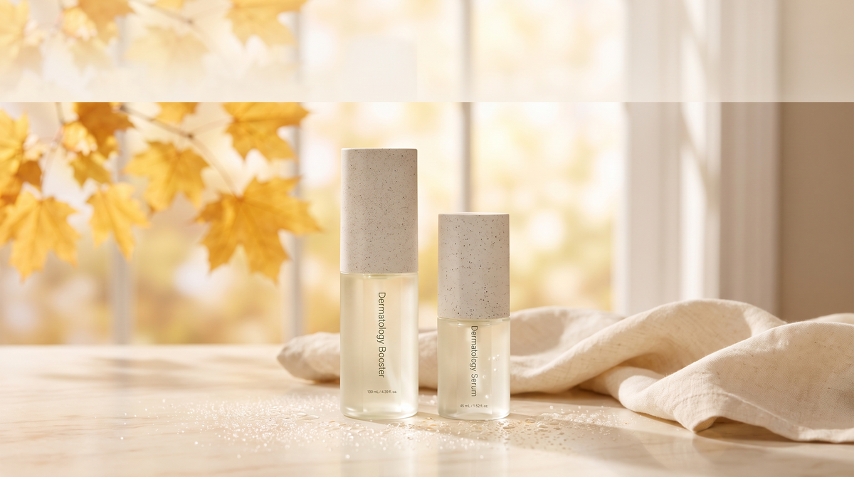 RIMAN Incellderm Dermatology First Package with glowing serum droplets in bright early-autumn Canadian light