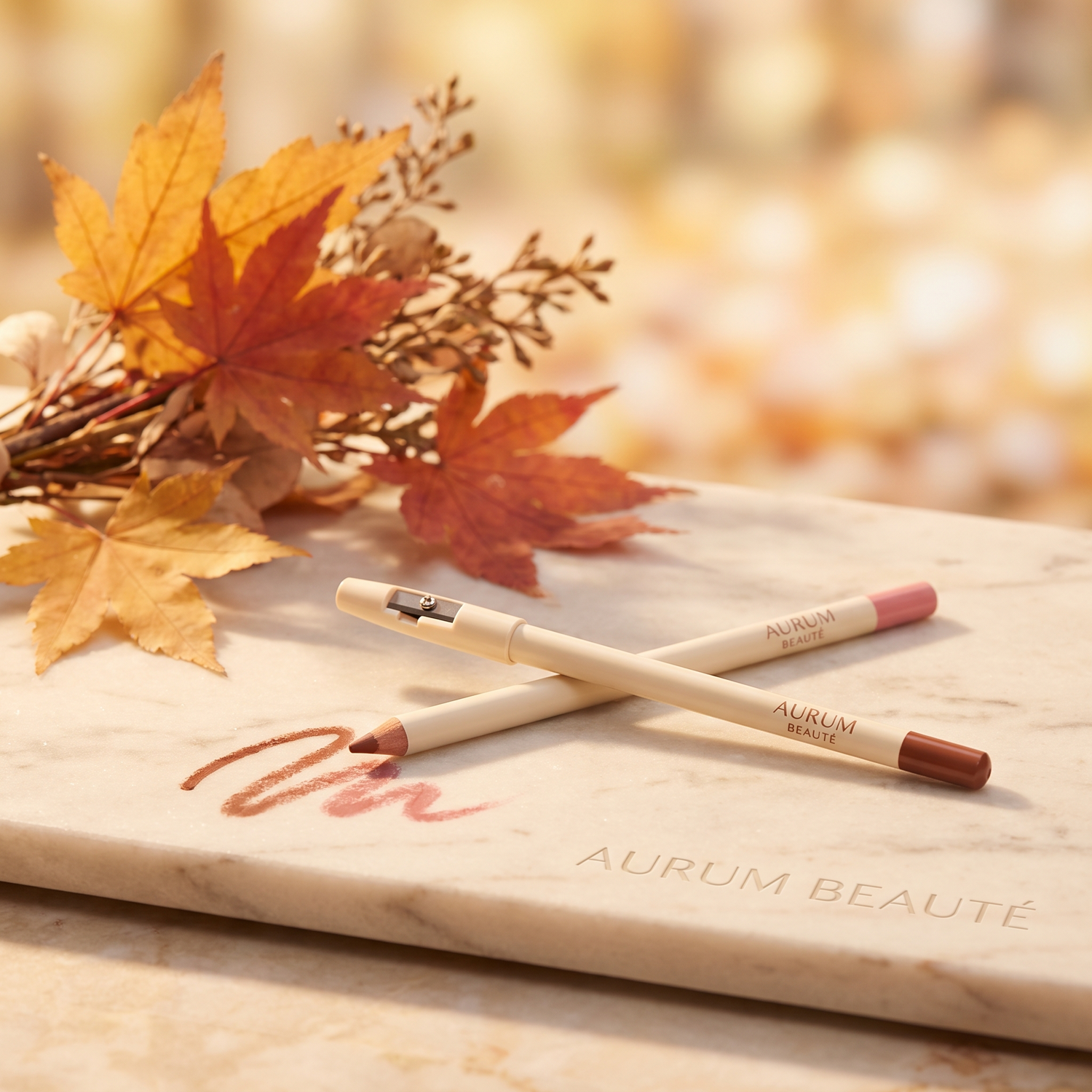 Butter Lip Liner in Rich Chestnut and Soft Pink in warm early-autumn Canadian light